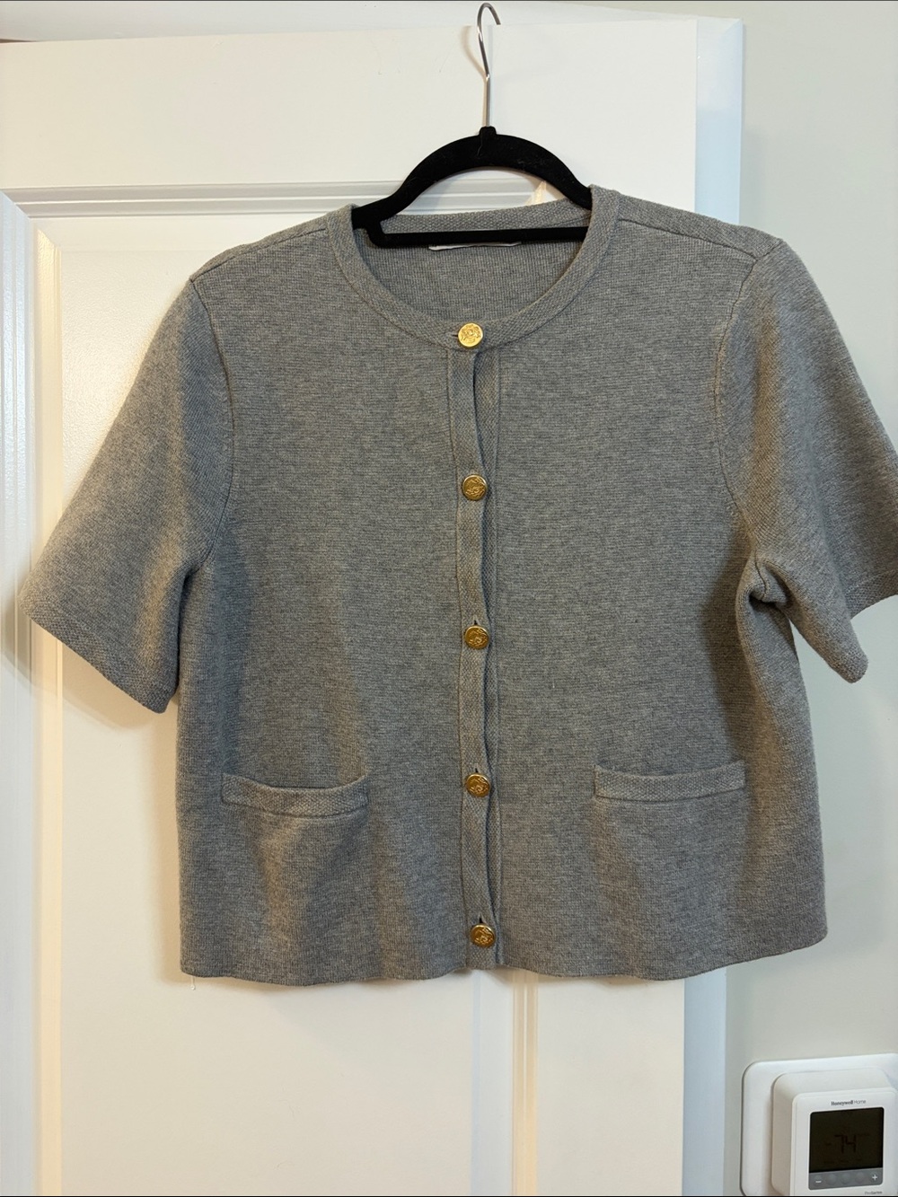 Abercrombie & Fitch Gray Short-Sleeve Cardigan with Gold Buttons